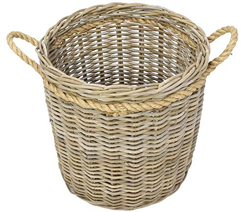 Rattankorb Koboo-Grey, Grauschattierung, aufwändig und stabil geflochten, Farbabweichungen möglich, Naturprodukt, Beschaffenheit der Oberfläche kann Unterschiede aufweisen, seitliche Griffe aus Holz