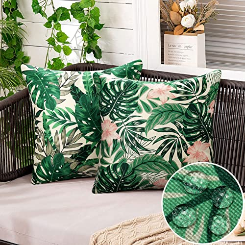 wasserdichte Kissenbezug 40x40 cm Sommer Outdoor Blumen Muster Kissenhülle Modern Leinen Kopfkissenbezug Dekorativ für Balkon Terrasse Patio Garten Sofa Bauernhaus Dekor (Rosa Blumen, 2 Stück)