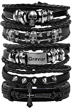 MILAKOO 5 Stück Lederarmbänder Gothic Punk Geflochtene Armband Einstellbar Manschette Armband mit Gravur für Männer Frau