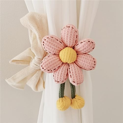 Herfair 2 Stück Vorhang Raffhalter, Schön Blumen Gardinenhalter Vorhanghalter Kinderzimmer Decor Boho Gardinenclips Vorhang Clips Seil Holdback Vorhang Ringe für Babyzimmer Dekor (7Blatt+Rosa)