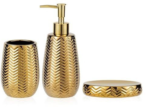 Juego de Accesorios de baño Dorados de 3 Piezas Elegantes con Bomba dispensadora de jabón, Vaso y jabonera, decoración Moderna, diseño Ondulado, Juego de Accesorios de baño de cerámica