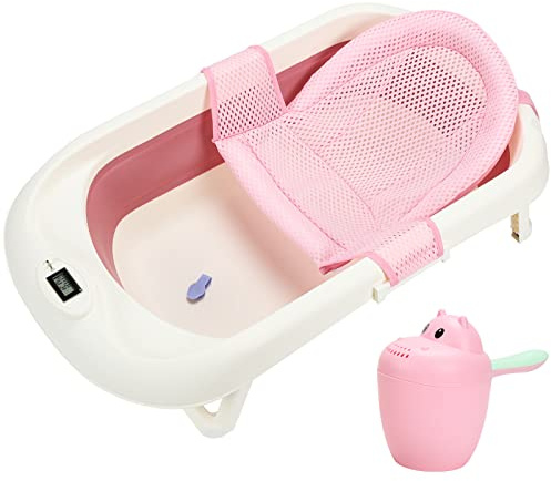 Cecaylie Baignoire Bébé, Baignoire Pliable Portable avec Détection de Température, Tout-petits avec Tapis Antidérapant, Arrosoir pour Bébé, 0-6 Ans, Rose