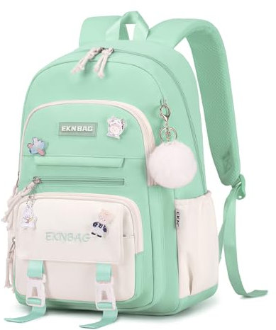 Tanou Cartable Fille Primaire, 20 Litres Sac a Dos College Fille Cartable Kawaii avec Pendentif, Léger Sac Ecole Fille Primaire en Nylon pour Enfants de 7 à 14 ans, Vert