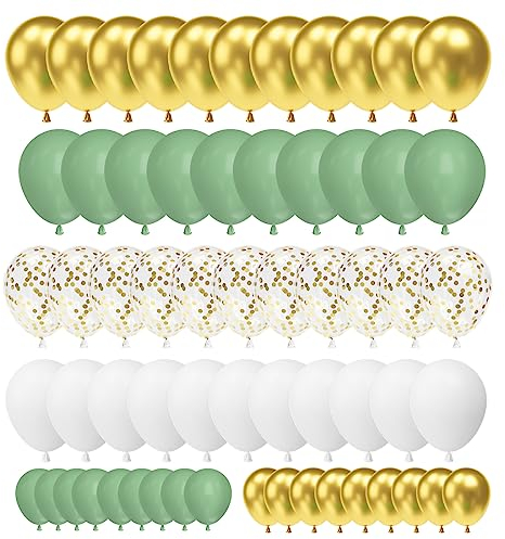 70 Stück Luftballons Grün Gold Weiß, Luftballons Salbeigrün Weiß, Olive Grün Ballons, Latex Ballons Grün Avocado Weiß Golden Konfetti für Geburtstag Hochzeit Babyparty Luftballons Girlande Deko