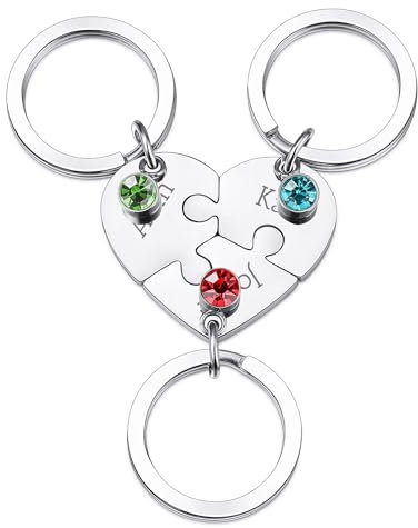 OTXIXTO Porte-clés Pièce Puzzle Coeur Argent Personnalisé Porte-clés Puzzle Coeur 3 Noms Personnalisé avec 3 Pierres de Naissance Cadeaux de Ensemble de Bijoux de Porte-clés Gravés en Acier Inoxydable