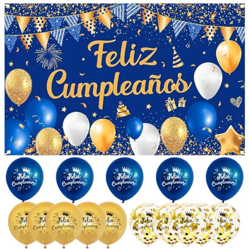 Pancarta Grande Feliz Cumpleaños Español + 15 Globos, Decoración Azul Oro, Fondo Cartel, Fiesta Banner