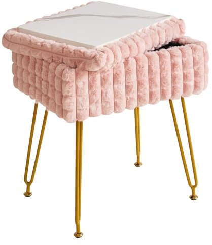 IBUYKE Rectangle Vanity Chair with Storage Space, Footrest Footstool Ottoman, Vanity Stool, Dressing Table Chair, with Anti-Slip Feet, for Makeup Room, Bedroom, Square grid pattern, Pink WBD004P