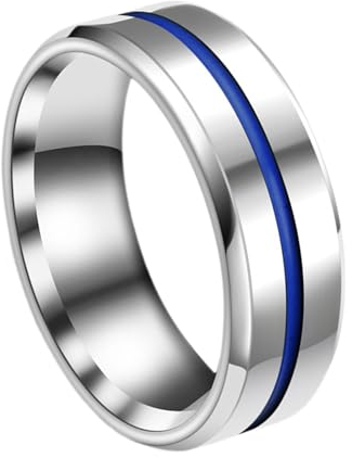 JewelryWe Ring Herren Edelstahl Verlobungsring: 8mm Gebürstet Herren-Ring Blaue Rille in der Mitte Partnerringe Eheringe Versprechen Engagement Hochzeit Band Männer Bandring mit Gravur Silber Größe 57