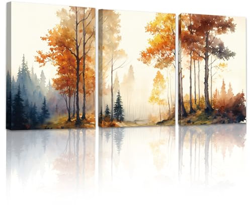 MHARTK66 Aquarell Nebel Wald Leinwand Bilder Set Wohnzimmer, Gold Herbst Natur Landschafts Wandbilder Schlafzimmer, Gelb Abstrakt Bilde Aesthetic, Modern Wandeko Wandkunst Badezimmer Flur Büro