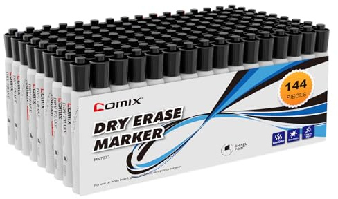 Comix Black Dry Erase Markers, 4 Sets of 36 Markers, 144 Markers Total | Chisel Tip, Value Pack, Low Odor, Non-toxic, Easy to erase, Suitable for Classroom, Teachers, Office, School Supplies