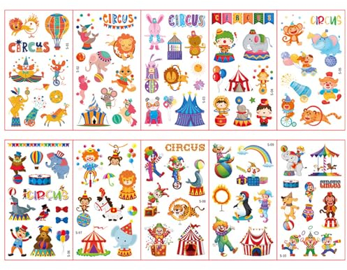 YIGZYCN 10 Blätter/Set Zirkus Troup Aufkleber wasserdichte Cartoon Zirkus Troup Parteien Spielzeug Tattooes Aufkleber
