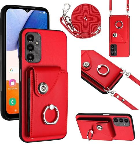 GoodcAcy Schutzhülle Kompatibel mit Samsung Galaxy A25 5G Hülle, Handyhülle Leder Klapphülle Handytasche Flip Wallet Case Lederhülle, mit Reißverschluss Band Ring Ständer Case für Frauen -rot