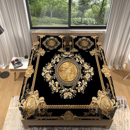 Spannbettlaken Barocke Blumen Drucken 90 x 200 cm Bettwäsche, Schwarz Gold Mikrofasermaterial Spannbettlaken 30cm Extra Tiefe Taschenlaken Spannbetttuch Weich und atmungsaktiv