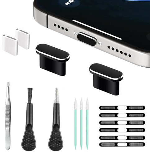 UYXiNONE Altavoz para teléfono móvil, malla antipolvo de metal, puerto de carga tipo C, enchufe antipolvo USB C, juego de herramientas de limpieza para iPhone 15 y 16 Series