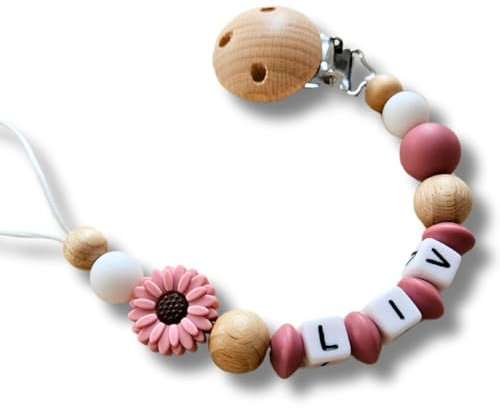 Schnullerkette mit Namen für Mädchen- große Farbauswahl- Baby Geschenk Daisy (Beere)
