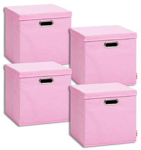 Storanda | 4er Set Aufbewahrungsbox mit Deckel 34x34x33 cm | Breite Griffe auf zwei Seiten | Stabil & Faltbar | Regalbox für Würfelregal | Ideal für Zuhause & Kinderzimmer | Rosa