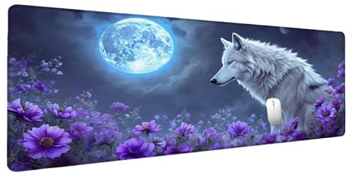 Tapis de Souris Loup Tapis Souris XXL 700x300mm Lune, Grand Mouse Pad Accessoires Bureau, Mouse Pad Gaming Accessoire Surface Lisse et Base en Caoutchouc Anti-dérapant pour Gamer Personnel de Bure F-1