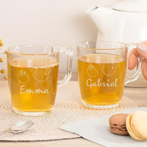 Wanapix | Pack 2 Tazas de Té Personalizadas con Nombre Grabado | Cristal para infusiones | Capacidad 25 cl | Vidrio templado extra resistente | Aptas para Lavavajillas y Microondas | Tazas de te