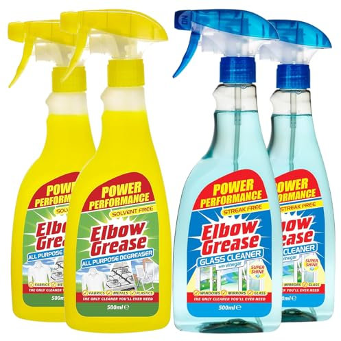 Elbow Grease Cleaning Bundle – 2X All Purpose Degreaser Original 500ml & 2X Window & Glass Cleaner 500ml – Powerful Multi-Surface Spray for Kitchen, Bathroom, Windows, Ovens & More