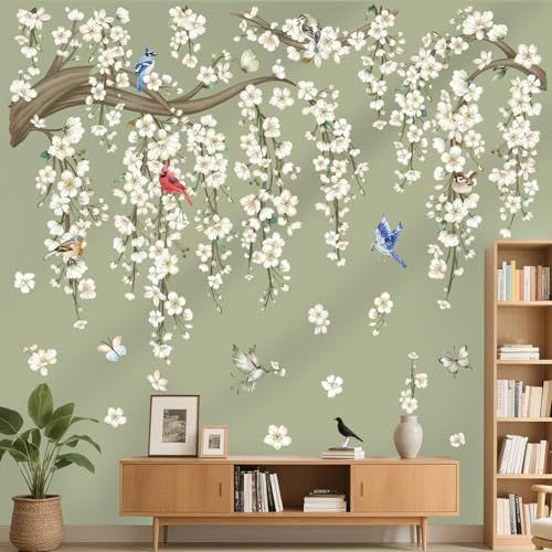 wondever Wandtattoo Hängende Blumen Weiß Wandaufkleber Kirschblüte Blüten Baum Ast Wandsticker Wanddeko für Wohnzimmer Schlafzimmer Sofa Hintergrund