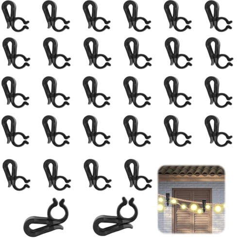 GEU 30Pcs Gutter Hooks for Outdoor Christmas Lights Black Plastic Small Gutter Clips Strips for Hanging Thin String Lights Holiday Shingles Icicle Fairy Light String Xmas Tree Decorations