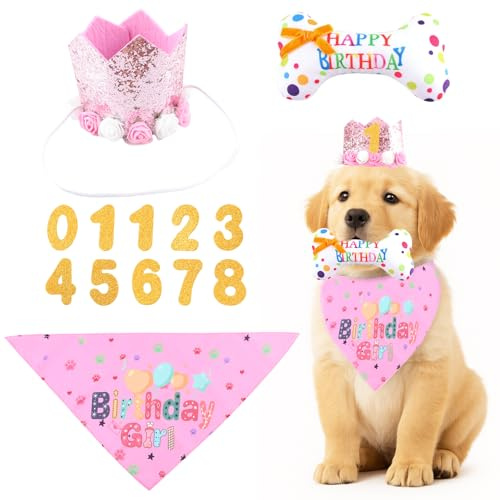 shallyong Hund Geburtstag Set, 4-teiliges für Jungen & Mädchen Hunde | Hundegeburtstag Deko mit Hut, Bandana, Knochen Spielzeug & Zahlen, Hundegeburtstag Geschenk für Jungen & Mädchen Hunde