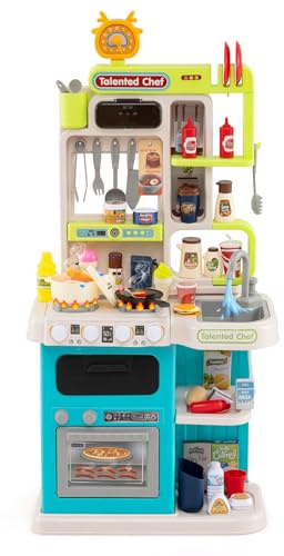 GYMAX Kids Kitchen Playset, Pretend Play Kitchen Set with Oven, Storage Shelf, Cooking Accessories, Sounds, Running Water & Steam Effects, Cooking Role Playset for 3 Years Old + (Blue,43 x 24 x 92 cm)