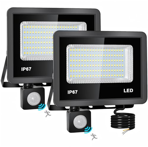 Indmird 50W Foco LED con Sensor Movimiento - 2 Piezas 5000LM Luz Exterior con sensor de movimiento Blanco Frío 6500K IP67 Impermeable Proyector led Exterior para Patio, Jardín, Garaje, Fábrica