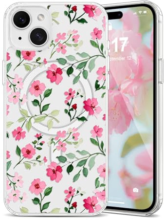 EYZUTAK Magnetisch Hülle für iPhone 13/iPhone 14 Kompatibel mit MagSafe, Klar Schöne Blumen Muster Transparent Handyhülle Dünne PC Rückseite Anti-Gelben Schutzhülle für Mädchen Frauen - Magenta