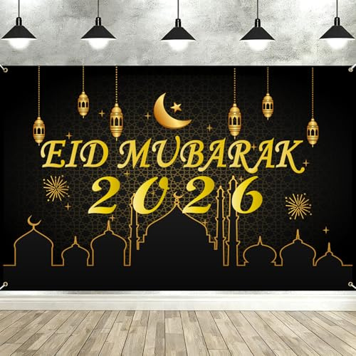Bannière de l'Aïd Mubarak, décorations de l'Aïd Seutgjie pour la maison 2026 noir et or Ramadan lune et étoiles pour musulmans intérieurs et extérieurs 180 x 110 cm