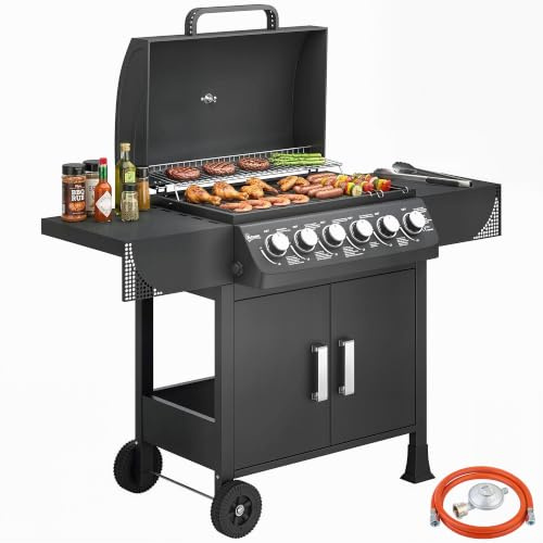 Outsunny Barbacoa de Gas BBQ Gas con 6 Quemadores 15 kW Portátil Negro | Termómetro, Mesas Laterales, Armario, Rejilla Calentadora, Parrilla, Recogedor de Grasa, 2 Ruedas y Tapa
