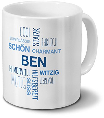 printplanet Tasse mit Namen Ben Positive Eigenschaften Tagcloud - Blau - Namenstasse, Kaffeebecher, Mug, Becher, Kaffeetasse