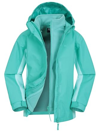 Mountain Warehouse Lightning 3 in 1 Kids Waterproof Jacket - Taped Seams Triclimate Jacket, Detachable Hood, Inner Fleece Kids Coat - Spring Summer, Walking Teal (01) Kids Size 7-8 Years