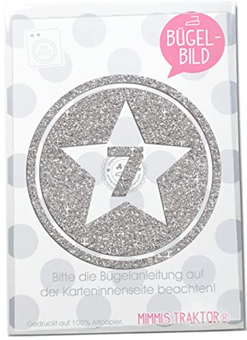 GLITZER Bügelbild Sternbutton mit Wunschzahl 10 cm SILBER Aufbügler Applikationen Bügelsticker für Stoffe Textilien Kinder zum Aufbügeln Flicken, Zahl:7