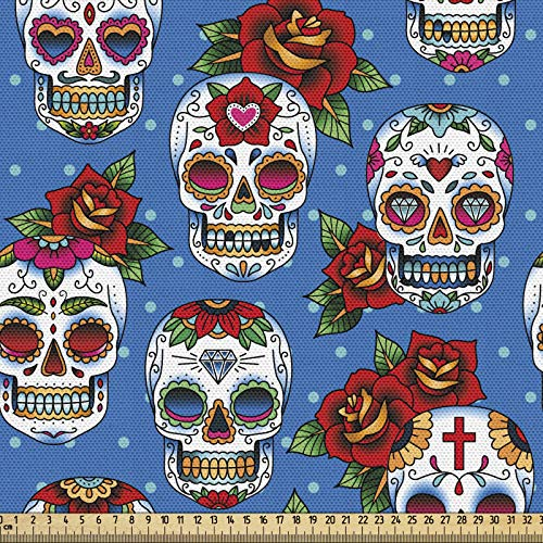 ABAKUHAUS Zuckerschädel Gewebe als Meterware, Mexikanische Retro Punkte, Schön Gewebten Stoff für Polster und Wohnaccessoires, 1M (148x100cm), Lavendelblau Rot