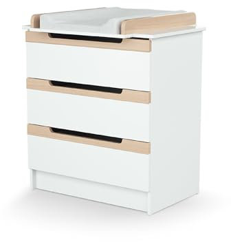 AT4 Carrousel Baby-Wickelkommode mit 3 Schubladen, Holz, Weiß/Buche, lackiert, 79 x 65,5 x 94 cm