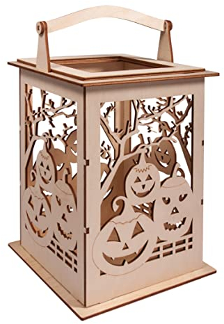 Rayher Holz Laterne Kürbis, mit Griff, 15,3x15,3x26,5cm, Holzbausatz, 15-tlg,Windlicht, für LED-Kerze, Lichterkette, Laterne Helloween, FSC Mix Credit, 62893505, Natur