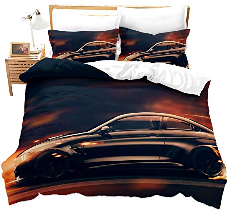 Loussiesd Schwarz Premium Auto 3D Print Betten Set Kinder Bettwäsche Set Microfaser Himmlische Qualität Luxus Edel Bettbezug mit Kissenbezug 135x200 cm + 80x80 cm Jungen Mädchen