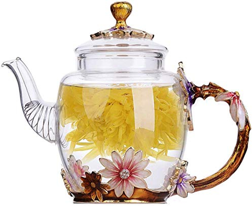YBK Tech Creative Flower Glass Teapot Crystal Glass Teapot for Kung Fun Tea, Good Gift for Sister, Mom, Grandma, Teachers (Chrysanthemum (Gold Handle))