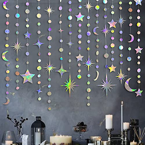 Guirnalda de Estrellas, Lunas, círculos y Puntos iridiscentes, decoración de Fiesta para Colgar. Bandera para el Primer cumpleaños de los niños, Ramadán, Eid, Mubarak, Fiesta prenatal, Boda
