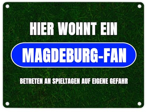 Hier wohnt ein Magdeburg-Fan Metallschild in 15x20 cm mit Rasenmotiv Sportfan Magdeburg Sport Deutschland Kult Blechschild