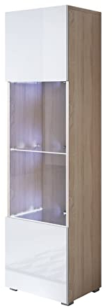 Meubles Bonitos Armoire vitrée Luke V6 en mélaminé brillant avec pieds standard, couleurs chêne et blanc, 40 x 167 x 29 cm (l x H x P)