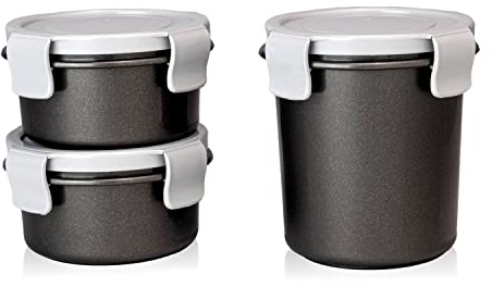 Hausfelder Müslibecher Joghurtbecher to go, 1x0,55L + 2x0,25L, auslaufsicher und spülmaschinengeeignet, Müsli, Joghurt und Smoothie Lunchbox (Black & Grey)