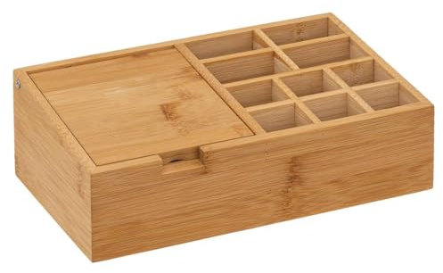 Five - Organiseur de Salle de Bain Rangement Maquillage 10 Compartiments en Bambou et Couvercle Miroir