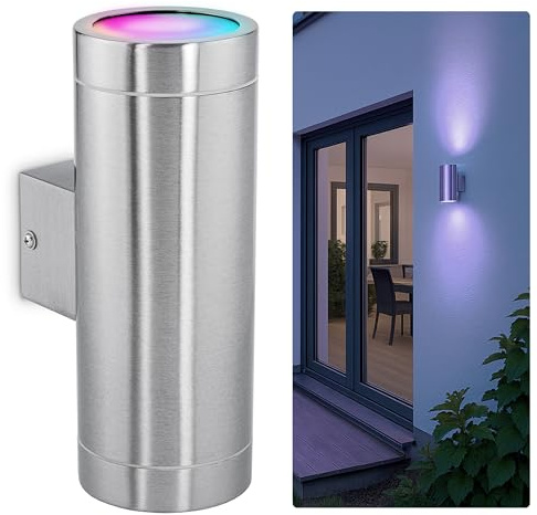 SSC-LUXon TIRA Wandlampe Edelstahl für Außen IP54 inkl. 2x Smart WiFi RGB GU10 LEDs (steuerung per App & Sprache) - Außen Wandleuchte Up Down