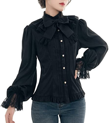 Fiamll Damen Gothic Viktorianische Bluse Renaissance Shirt Tops Satin Button Up Kostüm Puffärmel Schwarze Bluse XXL