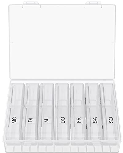 WELLGRO Tablettenbox für 7 Tage - Pillendose je 2 Fächer pro Tag - Klappdeckel mit Druckverschluss - Aufbewahrungsbox - BPA-freier Kunststoff, Farbe:Weiß