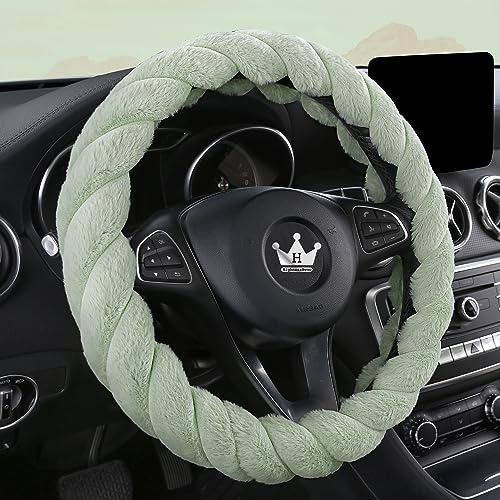 HighnessHwoo Luxury Fluffy Winter Car Steering Wheel Cover for Women Soft Warm Cute Auto Accessories for Jeep, Truck, Van, F150, Universal, Fuzzy, Anti Slip, Green, Large Size(39-41cm)