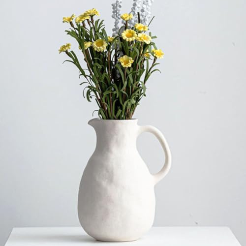 XIUWOUG Keramik Weiße Vase mit Griff,Rustikale Krug Vase für Wohnkultur,Vintage-Krug Deco Vase für Bauernhaus-Dekor,Tischdekoration (nur Vase),B