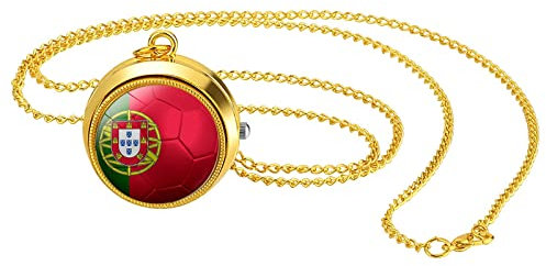 JewelryWe Taschenuhr Herren Weltmeisterschaft WM Portugal Portugiesische Flagge Kettenuhr Analog Quarz Uhr mit Halskette Kette Pocket Watch Geschenk für Männer Frau